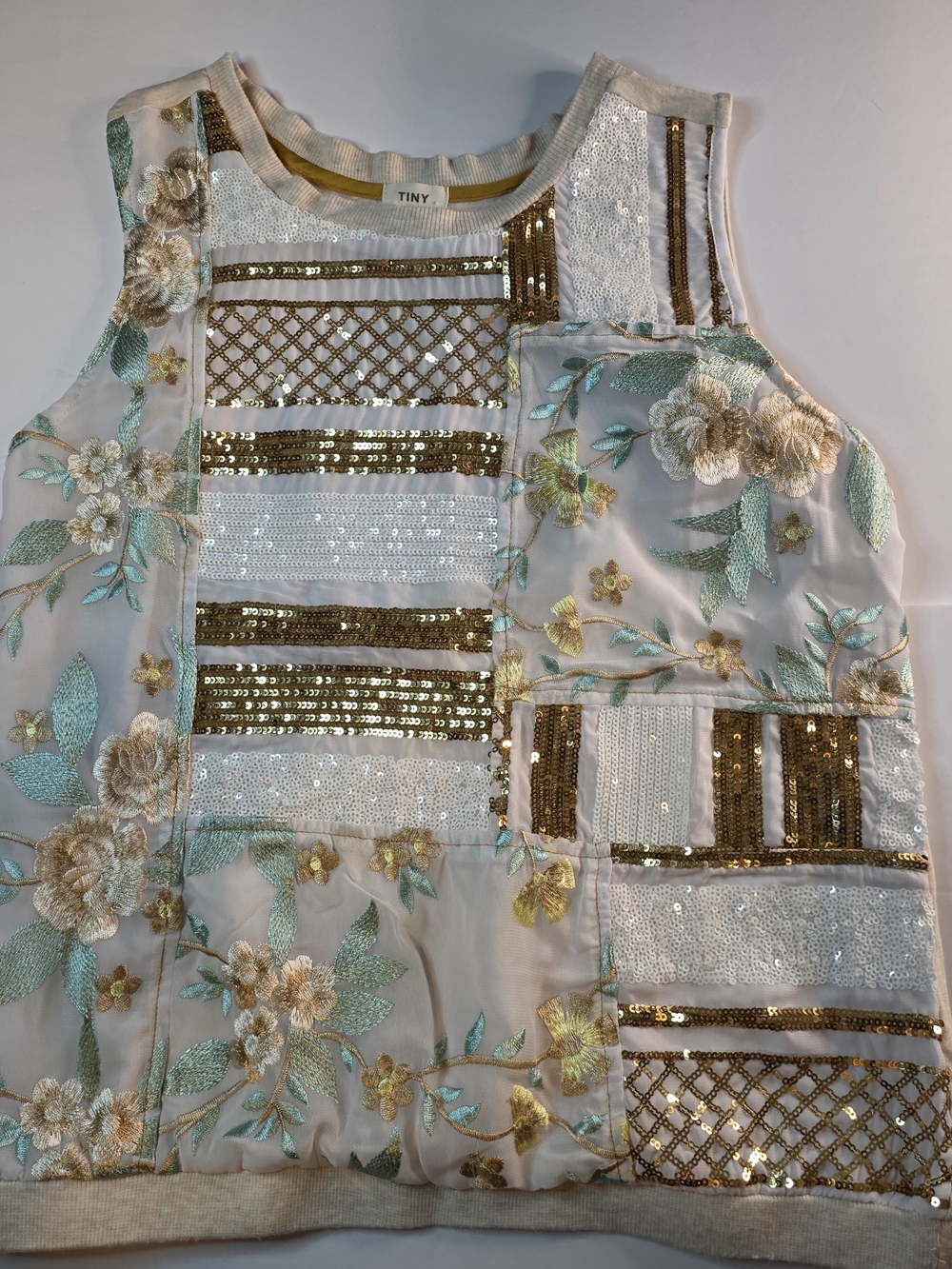 Anthropologie Sequin & Embroidered Floral Patchwork Tank Top — Gold, Cream, Mint